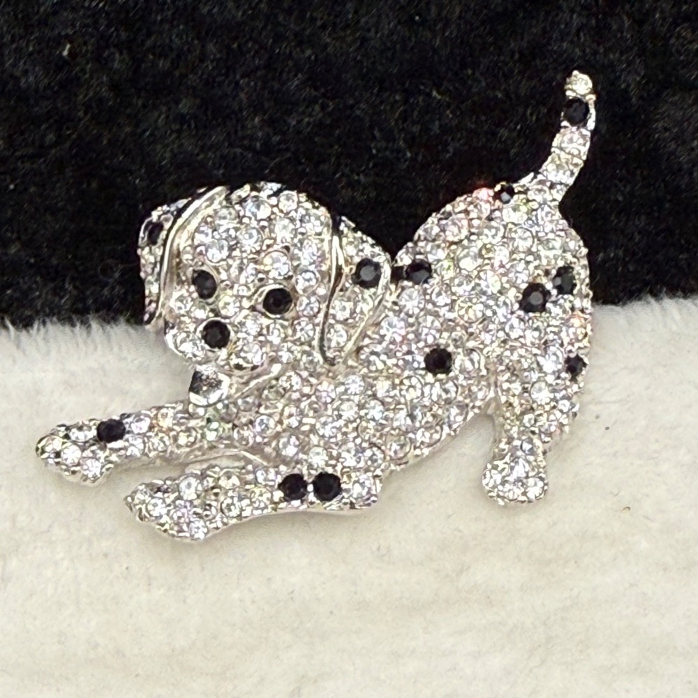 Vintage Gorham‎ Dalmatian Brooch Silver Tone Rhinestone Signed